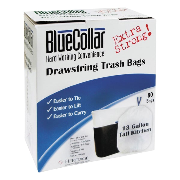 Bluecollar 13 gal Trash Bags, 24 in x 28 in, Premium, 0.8 mil, White N4828EW RC1 - main